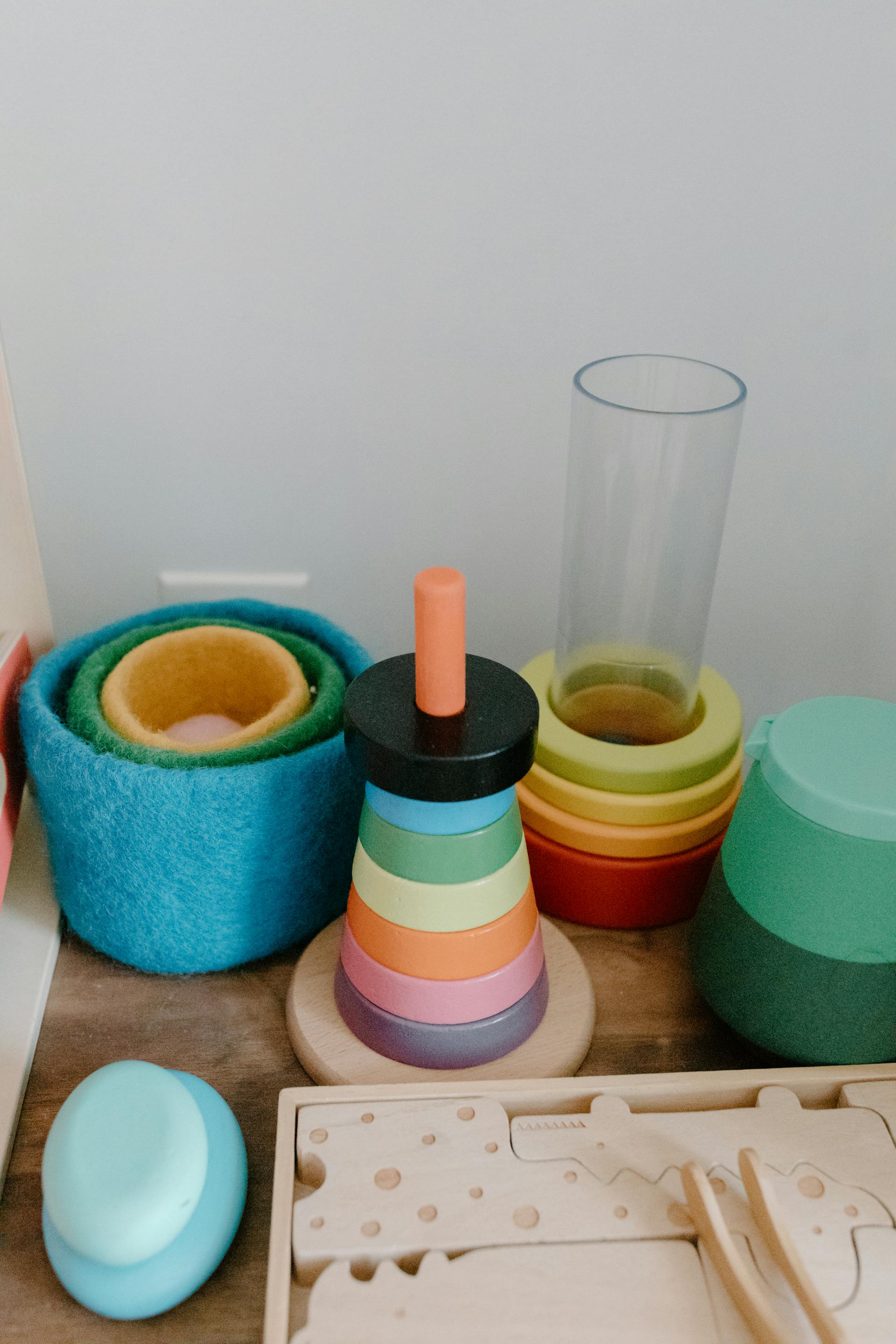 Children's toys on wooden table